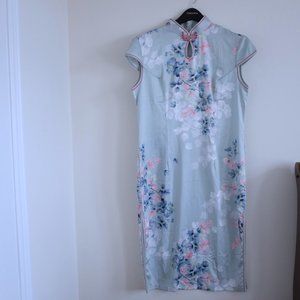 COPY - Satin Mandarin collar Cheongsam floral dress cool tone size L